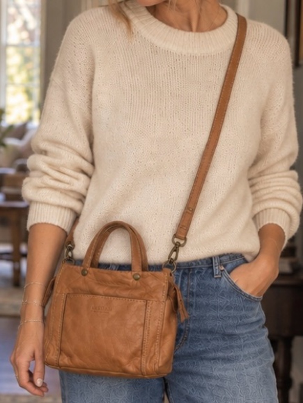 American Leather Co. Genuine Leather Mini Satchel Crossbody – Cognac